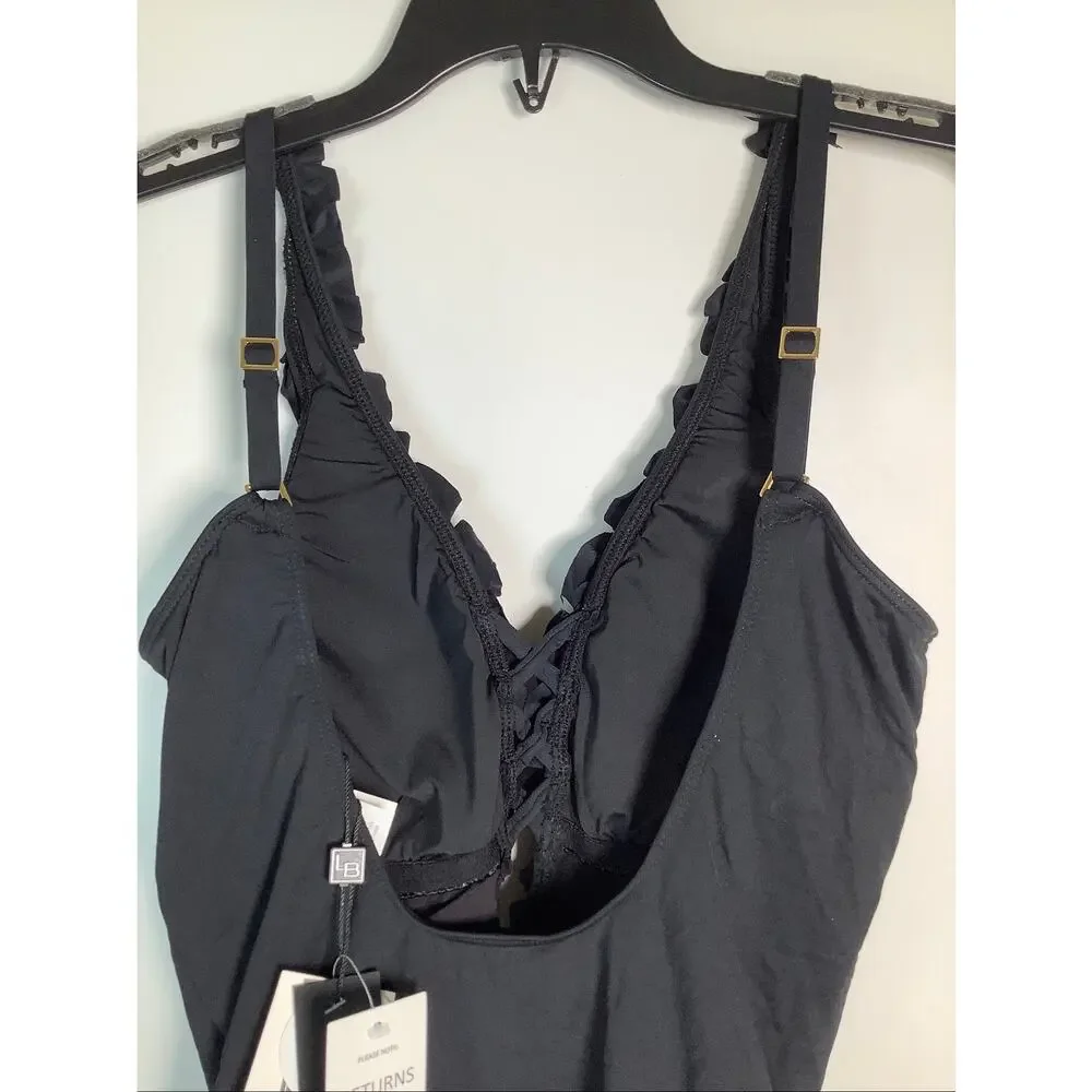 La Blanca Womens 6 Black Island Goddess Ruffle V Plunge One Piece Swimsuit C22-3